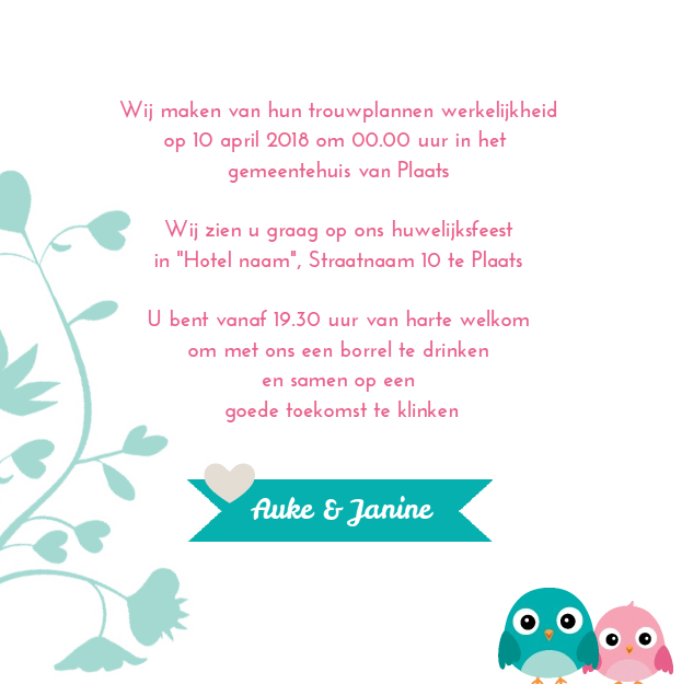 Trouwkaart "Vogeltjes op wit hart" Trouwkaart "Vogeltjes op wit hart"