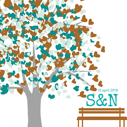 Gevouwen trouwkaart "Hartjes boom & Bankje"