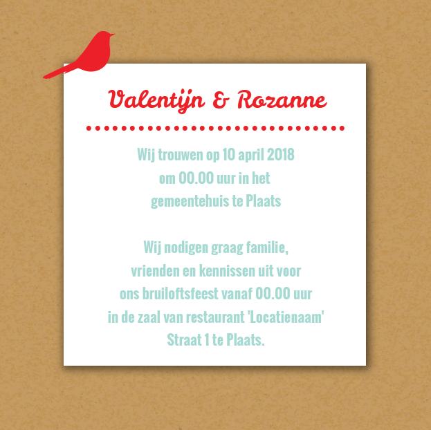 Gevouwen trouwkaart " Bruin & vogeltje" Gevouwen trouwkaart " Bruin & vogeltje"