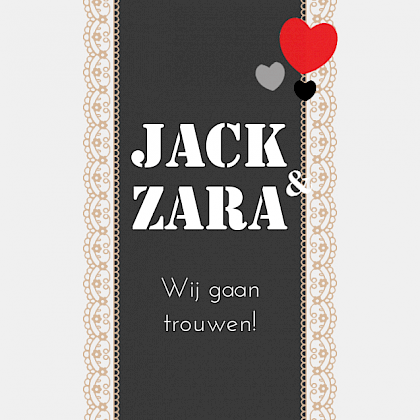 Trouwkaart " Kant & hartjes"