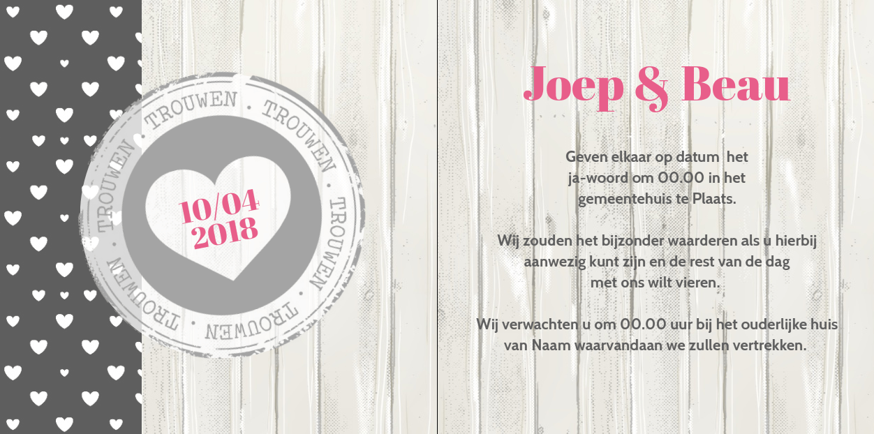 Gevouwen trouwkaart "Foto & Hout & Hartjes" Gevouwen trouwkaart "Foto & Hout & Hartjes"