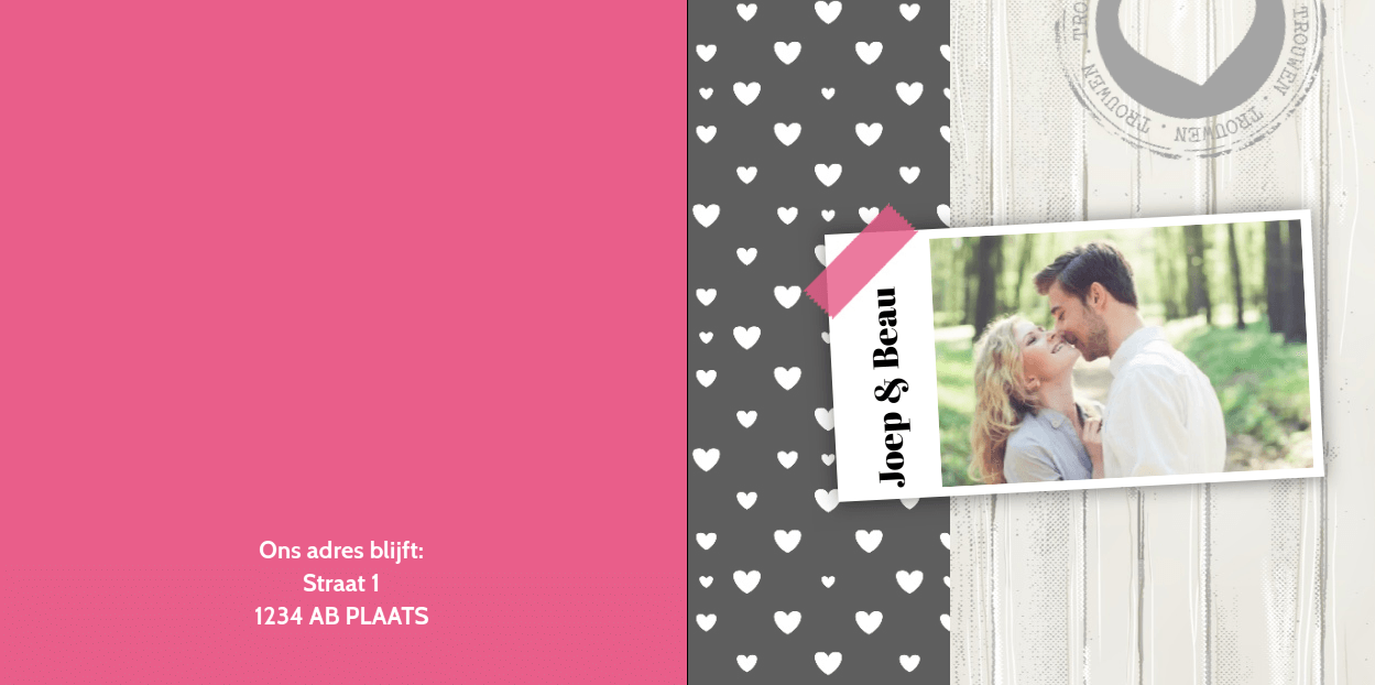 Gevouwen trouwkaart "Foto & Hout & Hartjes" Gevouwen trouwkaart "Foto & Hout & Hartjes"