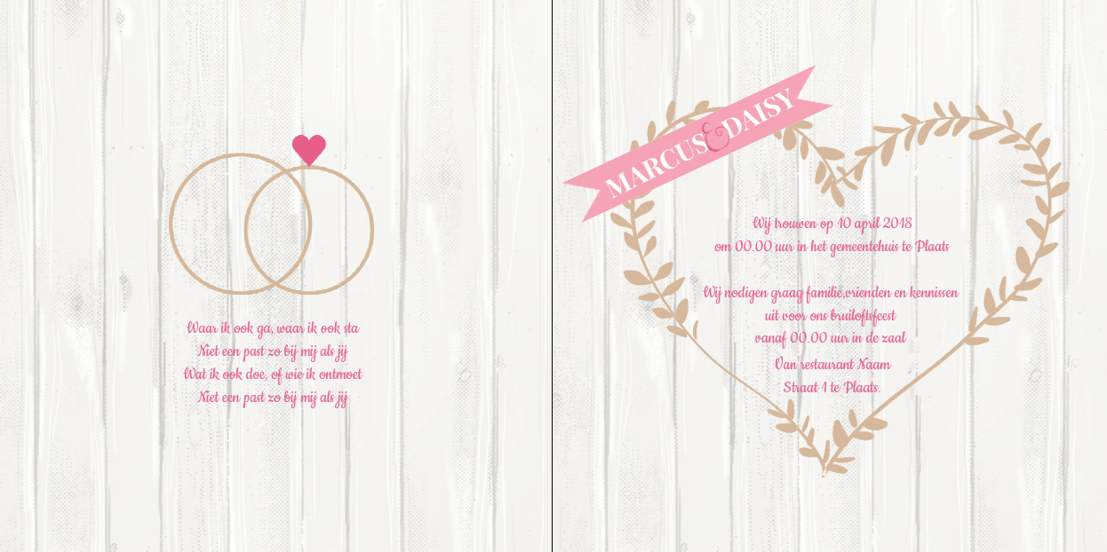 Gevouwen trouwkaart "Foto & Hout & Roze" Gevouwen trouwkaart "Foto & Hout & Roze"