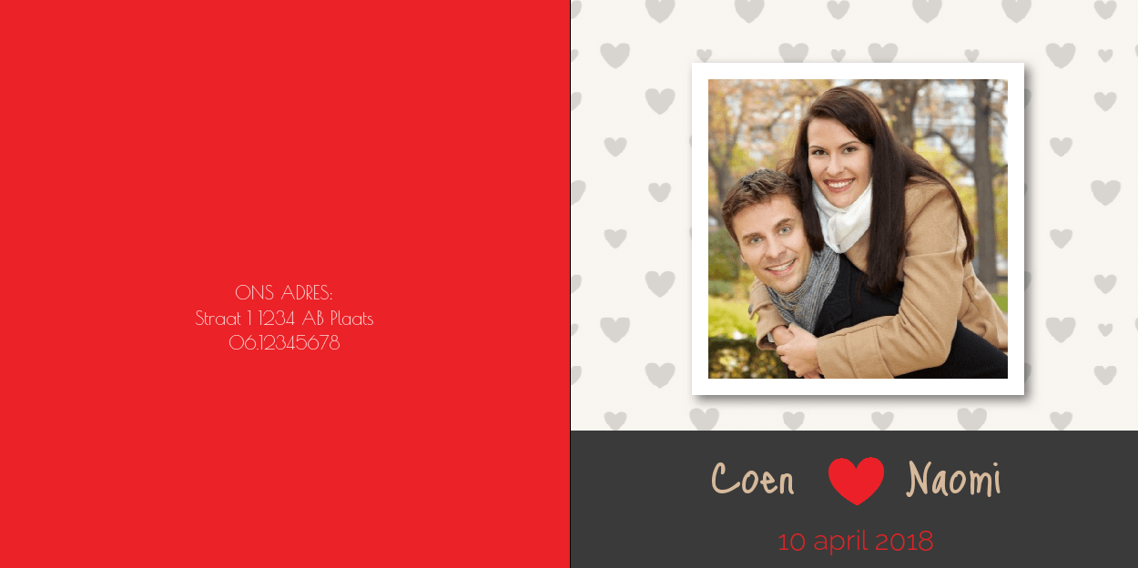 Gevouwen trouwkaart "Foto & Hartjes" Gevouwen trouwkaart "Foto & Hartjes"