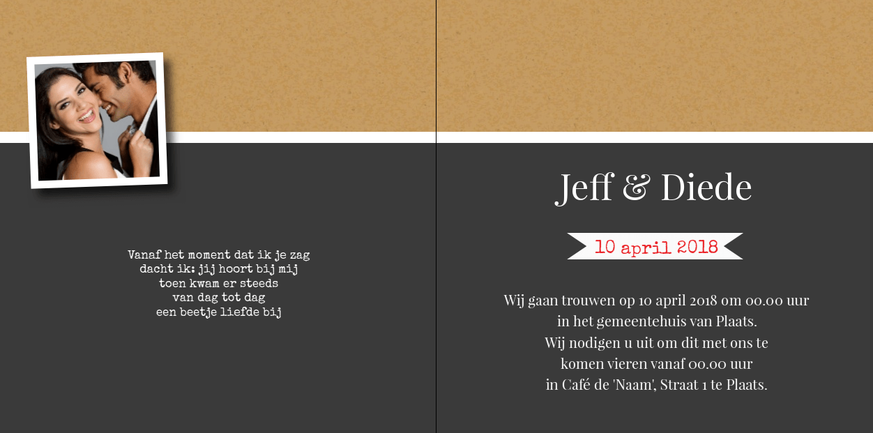 Gevouwen trouwkaart "Foto & kraft karton" Gevouwen trouwkaart "Foto & kraft karton"