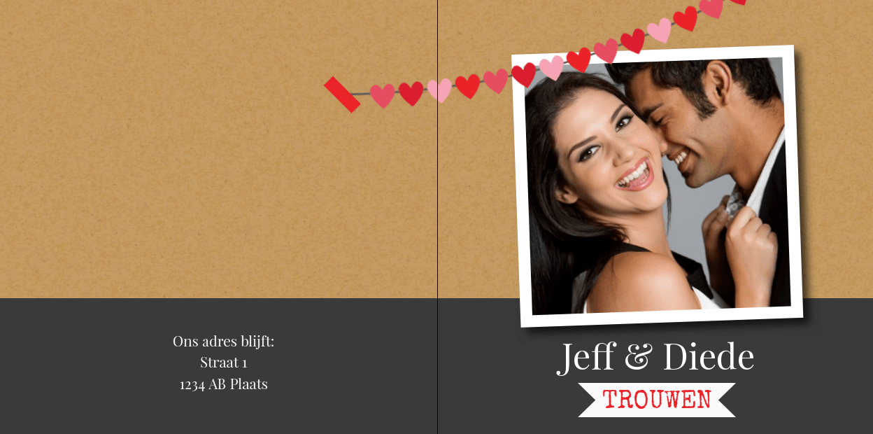 Gevouwen trouwkaart "Foto & kraft karton" Gevouwen trouwkaart "Foto & kraft karton"