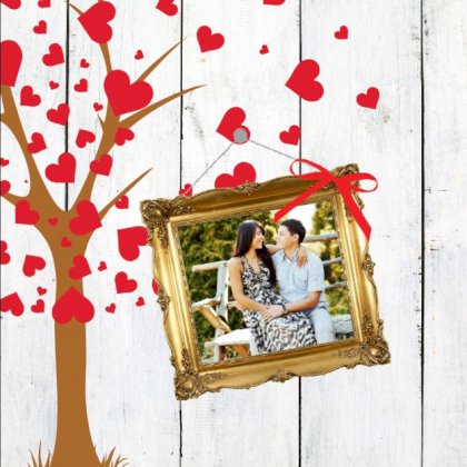 Gevouwen trouwkaart "Foto & Hartjes boom"