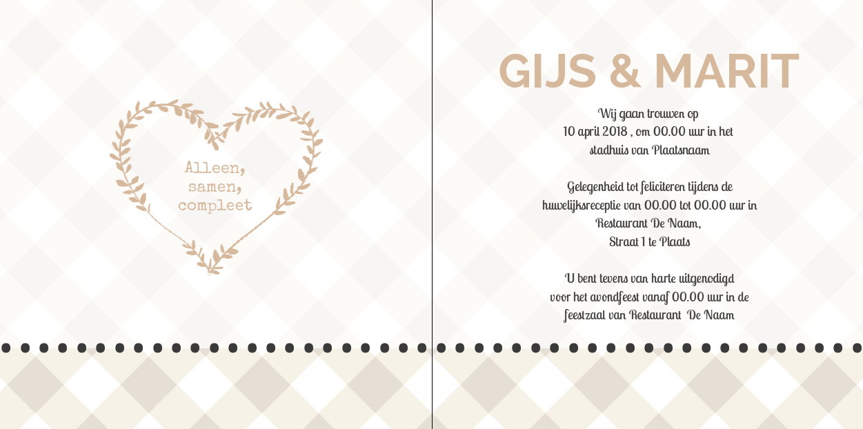 Gevouwen trouwkaart "Foto & krijtbord & Ruitjes" Gevouwen trouwkaart "Foto & krijtbord & Ruitjes"