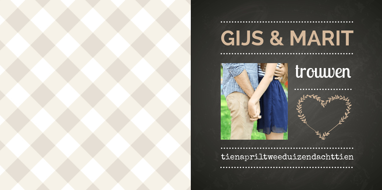 Gevouwen trouwkaart "Foto & krijtbord & Ruitjes" Gevouwen trouwkaart "Foto & krijtbord & Ruitjes"