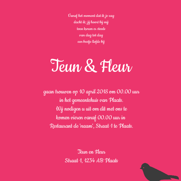 Trouwkaart "Fotokaart roze vaantje" Trouwkaart "Fotokaart roze vaantje"