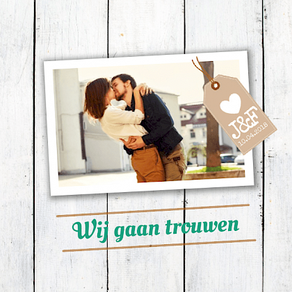 Trouwkaart "Fotokaart hout & label"
