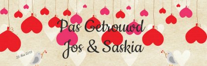 Banner "Pas getrouwd" met ballonhartjes en tortelduif