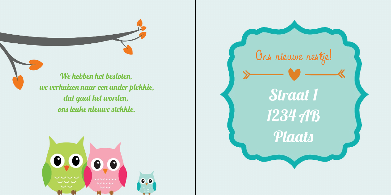 Gevouwen verhuiskaart "Uiltje op tak" Gevouwen verhuiskaart "Uiltje op tak"
