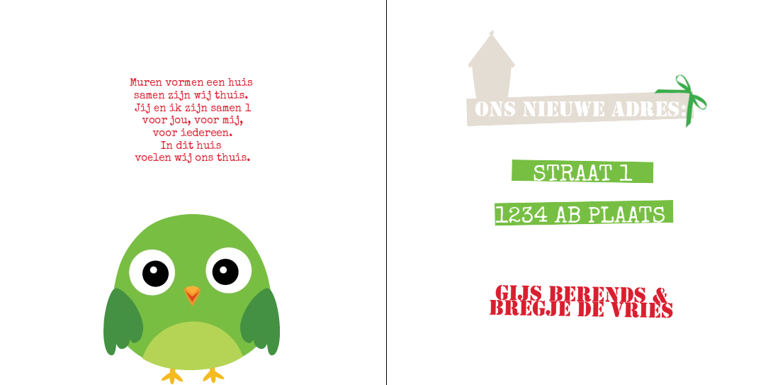 Gevouwen verhuiskaart "Groen vogeltje"