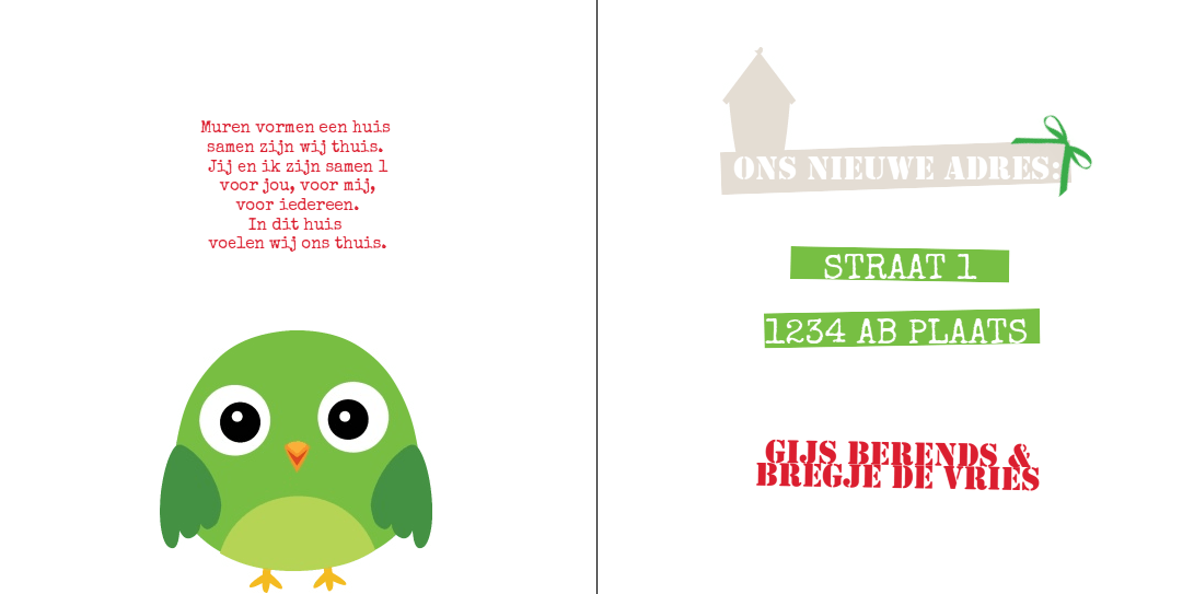 Gevouwen verhuiskaart "Groen vogeltje" Gevouwen verhuiskaart "Groen vogeltje"