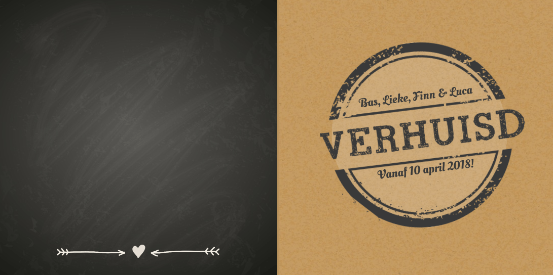 Gevouwen verhuiskaart "Krijtbord stempel" Gevouwen verhuiskaart "Krijtbord stempel"