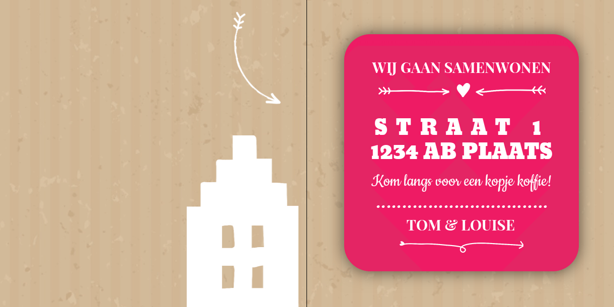 Gevouwen verhuiskaart "Samenwonen Roze Kraft" Gevouwen verhuiskaart "Samenwonen Roze Kraft"