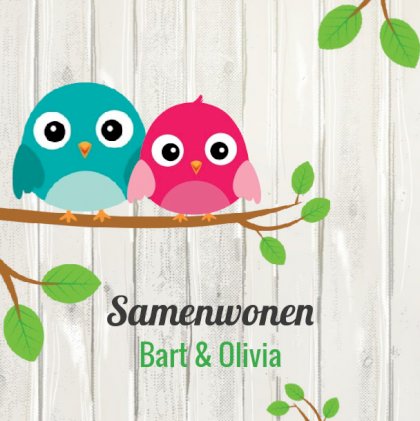 Gevouwen verhuiskaart "Vogeltjes samenwonen" Gevouwen verhuiskaart "Vogeltjes samenwonen"