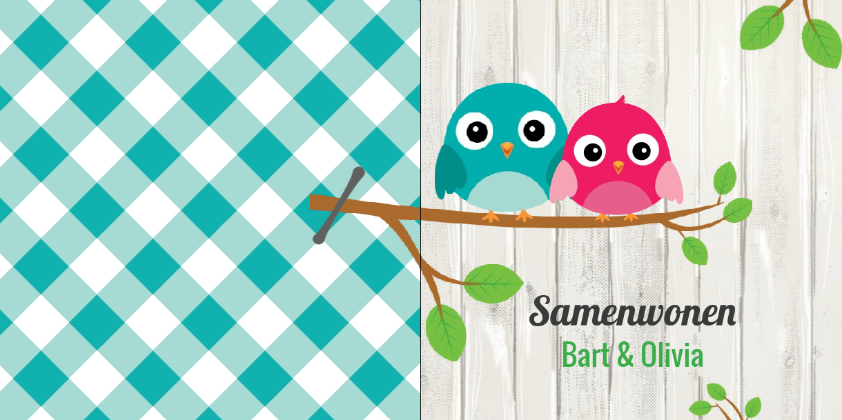 Gevouwen verhuiskaart "Vogeltjes samenwonen" Gevouwen verhuiskaart "Vogeltjes samenwonen"