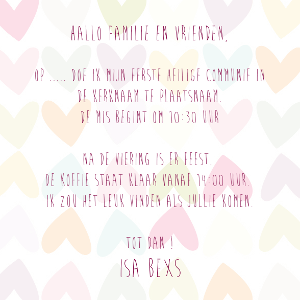 Kaartje "Communie gekleurde hartjes" Kaartje "Communie gekleurde hartjes"