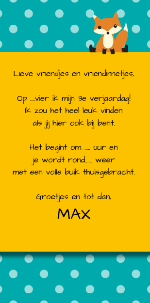 Uitnodigingskaart "Vosje met feestmuts" Uitnodigingskaart "Vosje met feestmuts"