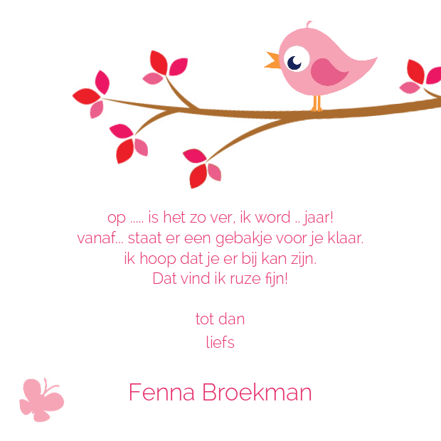 Uitnodigingskaart "Roze vogeltje & Takje" Uitnodigingskaart "Roze vogeltje & Takje"