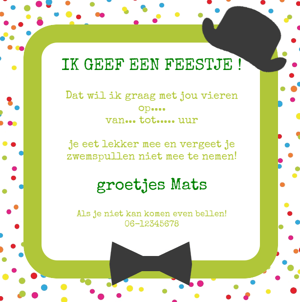 Uitnodigingskaart "Groen vogeltje & Confetti" Uitnodigingskaart "Groen vogeltje & Confetti"