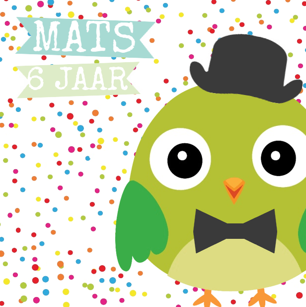 Uitnodigingskaart "Groen vogeltje & Confetti" Uitnodigingskaart "Groen vogeltje & Confetti"