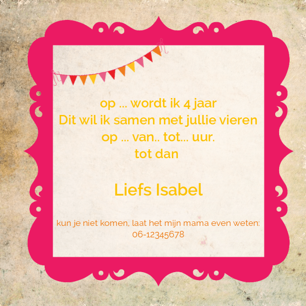 Uitnodigingskaart "Roze vogeltje & Slingers" Uitnodigingskaart "Roze vogeltje & Slingers"