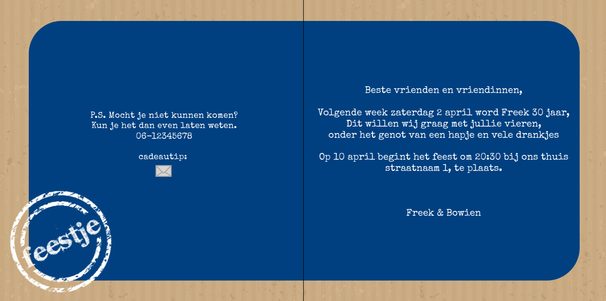 Gevouwen uitnodiging "Feestje" Gevouwen uitnodiging "Feestje"