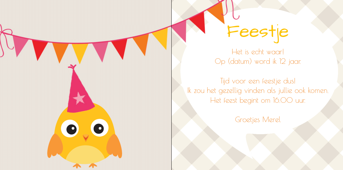Gevouwen uitnodigingskaart "Geel vogeltje met feestmuts" Gevouwen uitnodigingskaart "Geel vogeltje met feestmuts"