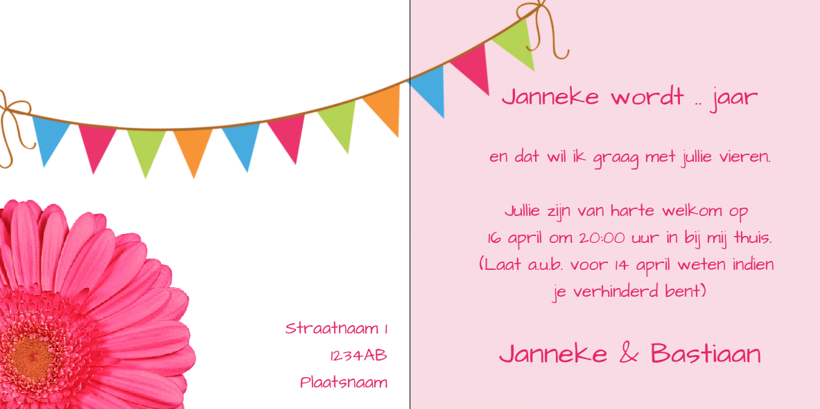 Gevouwen uitnodigingskaart "Roze bloem & vlaggetjes" Gevouwen uitnodigingskaart "Roze bloem & vlaggetjes"