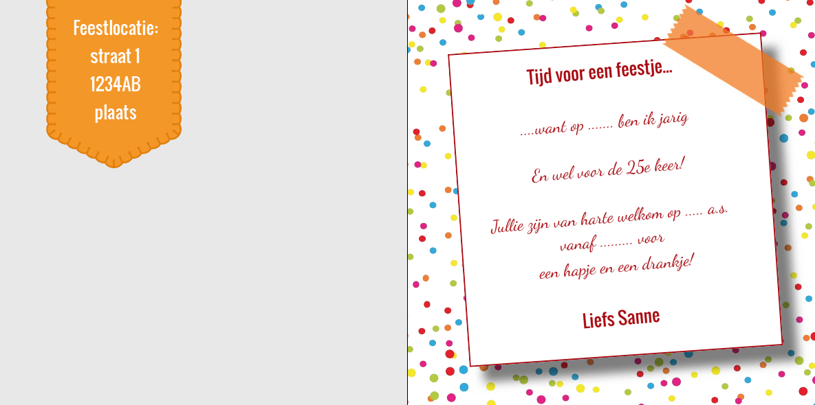 Gevouwen uitnodigingskaart "Oranje label & Confetti" Gevouwen uitnodigingskaart "Oranje label & Confetti"