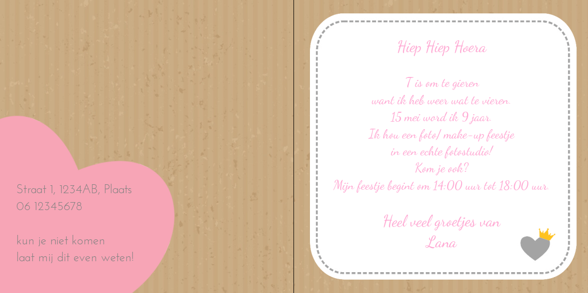 Uitnodigingskaart "Roze hartje met kroontje" Uitnodigingskaart "Roze hartje met kroontje"