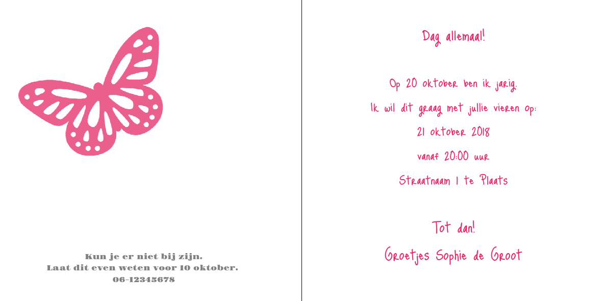 Uitnodigingskaart "Roze vlindertje" Uitnodigingskaart "Roze vlindertje"