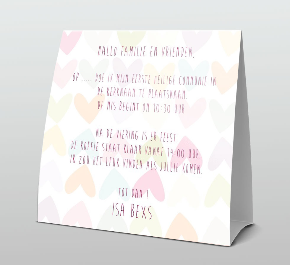 Tentkaart "Communie gekleurde hartjes" Tentkaart "Communie gekleurde hartjes"