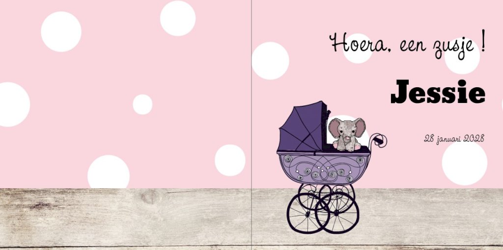 Gevouwen kaart "Roze kinderwagen met olifantje" Gevouwen kaart "Roze kinderwagen met olifantje"