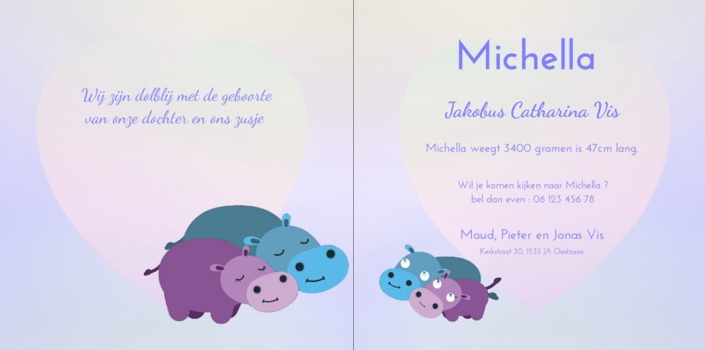 Gevouwen kaart "Nijlpaard paars" Gevouwen kaart "Nijlpaard paars"